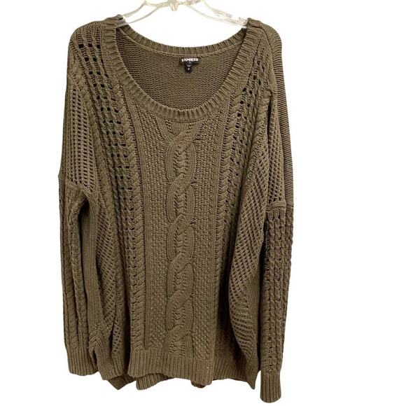 Express Sweater Womens Size Large Green Slouchy Tunic Length Cotton Cable Knit - Picture 1 of 6